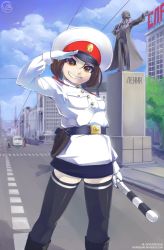  1girl belt black_thighhighs boots brown_eyes brown_hair building commentary day gloves hat highres krokobyaka looking_at_viewer original outdoors peaked_cap police police_uniform policeman road russian_text salute smile solo soviet standing thighhighs uniform vladimir_lenin zettai_ryouiki 