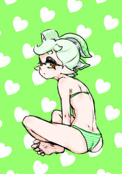  1girl ass bare_legs bare_shoulders barefoot bikini bow-shaped_hair closed_mouth cross-shaped_pupils dimples_of_venus full_body green_hair half-closed_eyes heart heart_background highres indian_style inkling koharu2.5 marie_(splatoon) nintendo pointy_ears red_pupils short_hair sitting solo splatoon_(series) striped_bikini striped_clothes swimsuit symbol-shaped_pupils tentacle_hair yellow_eyes 