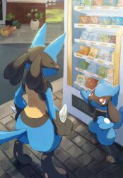  ^_^ blue_fur bright_pupils chufflepop closed_eyes commentary creatures_(company) eevee english_commentary evolutionary_line game_freak gen_1_pokemon gen_4_pokemon highres lucario nintendo outdoors pikachu pointing pokemon pokemon_(creature) red_eyes riolu spikes standing tail vending_machine white_pupils 