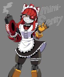  1girl alarm_siren alternate_costume animal_ears apron arm_cannon black_skirt borrowed_character bridal_garter cat_ears character_name choker commentary cowboy_shot crosshair_pupils english_commentary enmaided fewer_digits frilled_apron frilled_choker frilled_skirt frills galois grey_background grin gun hair_tubes half-closed_eye heterochromia highres joints kemonomimi_mode long_hair looking_at_viewer maid maid_apron maid_headdress mimi-sentry original personification red_eyes red_hair robot robot_girl robot_joints sharp_teeth simple_background skirt smile smoke smoking_barrel team_fortress_2 teeth waving weapon white_apron yellow_eyes 