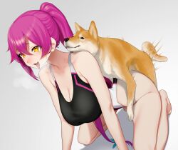 1boy 1girl bestiality breasts cleavage competition_swimsuit dog gishu hetero highres large_breasts new_(lk) one-piece_swimsuit orange_eyes purple_hair sex sex_from_behind simple_background swimsuit tongue tongue_out rating:Explicit score:149 user:SylvanDragon