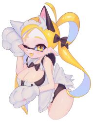  1girl animal_ear_fluff animal_ears animal_hands black_bow black_panties blonde_hair bow breasts cleavage commentary cropped_legs d_msy8 eyelashes fake_animal_ears fang gloves hair_bow hair_rings highres inkling inkling_girl inkling_player_character large_breasts leaning_forward long_hair looking_at_viewer nintendo one_eye_closed open_mouth panties paw_gloves pointy_ears simple_background smile solo splatoon_(series) symbol-only_commentary tentacle_hair underwear white_background 
