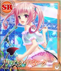 1girl ass bikini demon_tail fang flat_chest from_behind long_hair looking_back microphone nana_asta_deviluke official_art pink_eyes pink_hair see-through smile solo swimsuit tail to_love-ru to_love-ru_darkness:_idol_revolution twintails rating:Sensitive score:18 user:danbooru