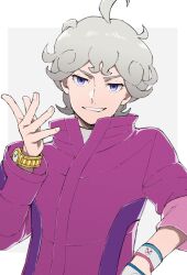  1boy ahoge bede_(pokemon) coat commentary_request creatures_(company) curly_hair dynamax_band eyelashes game_freak gloves grey_background grey_hair grin high_collar highres looking_at_viewer male_focus mocollie nintendo pokemon pokemon_swsh purple_coat purple_eyes short_hair single_glove smile solo teeth upper_body watch white_gloves wristwatch 