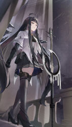  1girl arknights ascot belt belt_pouch black_ascot black_belt black_eyes black_footwear black_garter_straps black_gloves black_hair black_halo black_skirt black_thighhighs black_wings blunt_bangs blurry blurry_background blurry_foreground bow_(music) breasts broken_halo cello chocomaru44 closed_mouth cloud collared_jacket colored_inner_hair commentary_request dark_halo depth_of_field detached_wings dutch_angle energy_wings from_below from_side full_body garter_straps gloves grey_hair halo high_heels highres hime_cut holding holding_bow_(music) holding_instrument instrument jacket layered_sleeves legs light_smile long_hair long_sleeves looking_afar looking_ahead miniskirt multicolored_hair night outdoors pale_skin pleated_skirt pouch railing shooting_star short-sleeved_jacket short_over_long_sleeves short_sleeves skirt sky solo standing star_(sky) starry_sky straight_hair strap strappy_heels thighhighs two-tone_hair very_long_hair virtuosa_(arknights) walking white_jacket wide_sleeves wing_collar wings zettai_ryouiki 
