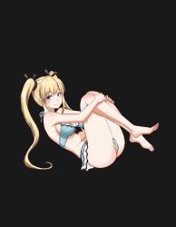 1girl absurdres ass barefoot bikini black_background blonde_hair blue_bikini blue_eyes breasts dead_or_alive dead_or_alive_5 feet highres kamitsuki_manmaru long_hair marie_rose simple_background smile solo swimsuit twintails rating:Sensitive score:23 user:dmysta3000
