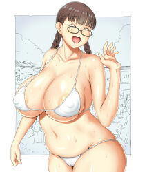  1girl :d bikini braid breasts brown_hair cameltoe cleft_of_venus closed_eyes covered_erect_nipples curvy freckles glasses grey_background hand_up huge_breasts large_breasts navel open_mouth original outdoors plump poyonken smile standing sweat swimsuit twintails wet white_bikini 