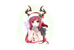  1girl :3 animal animal_on_shoulder antlers blush cold commentary fake_antlers fur-trimmed_headwear fur_trim grey_mittens grey_scarf hat highres holly_hat_ornament horns lanmei_jiang long_hair long_sleeves looking_to_the_side medium_bangs ming_wei_aiqing_de_chibang mittens open_mouth pink_hair plaid plaid_scarf purple_eyes red_hat santa_hat scarf solo sweater swept_bangs transparent_background undersized_animal upper_body white_sweater wolf 