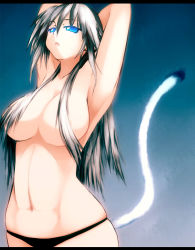  1girl armpits arms_up black_panties blue_eyes breasts cat_tail censored cleavage convenient_censoring foxhound hair_censor hair_over_breasts highres kiryuu_sayane large_breasts letterboxed long_hair navel onibi_(foxhound4185) open_mouth original panties solo tail underwear 