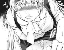  1girl aftersex bent_over breasts crying cum cumdrip cuvie female_focus monochrome nightmare_maker pussy_juice school_uniform skirt solo tagme  rating:Explicit score:9 user:Misserpen