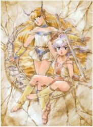  1980s_(style) 2girls arm_up armor blonde_hair blue_eyes character_request creamy_mami fantasy floating_hair highres horns looking_at_viewer mahou_no_tenshi_creamy_mami multiple_girls non-web_source oldschool purple_hair retro_artstyle sandals scan sword takada_akemi traditional_media weapon 