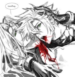  2boys arm_around_neck biting blood blood_in_mouth blood_on_neck bracer chin_rest cloud_strife collarbone english_text fangs final_fantasy final_fantasy_vii gloves green_eyes greyscale half-closed_eyes hand_in_another&#039;s_hair hand_on_another&#039;s_head head_on_head head_rest highres long_bangs long_hair looking_to_the_side male_focus monochrome moyanwxy multiple_boys neck_biting official_alternate_eye_color open_clothes parted_bangs sephiroth slit_pupils speech_bubble spot_color sweater turtleneck turtleneck_sweater upper_body yaoi 
