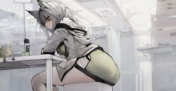  1girl animal_ears arknights ass back bags_under_eyes bare_shoulders breasts commentary drink english_commentary green_eyes grey_hair highres jacket kal&#039;tsit_(arknights) large_breasts long_hair looking_at_viewer material_growth medium_breasts off_shoulder oripathy_lesion_(arknights) paid_reward_available rkzrok sitting solo variant_set  rating:Sensitive score:24 user:danbooru
