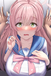  1girl blue_archive blue_sailor_collar blush bow bowtie braid breasts flustered green_eyes hair_between_eyes hair_bow halo hanako_(blue_archive) hands_up highres kabedon large_breasts long_hair looking_at_viewer open_mouth pink_hair pink_halo pov pov_hands raised_eyebrows revision sailor_collar shirt short_sleeves silver_bullet_(ecc12_8) solo_focus sweat upper_body wavy_mouth white_shirt 