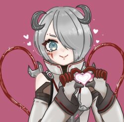  1girl animification apex_legends blood_moon_catalyst blue_eyes breasts cable catalyst_(apex_legends) clothing_cutout grey_hair hair_over_one_eye heart heart_hands heart_in_heart_hands highres jacket looking_at_viewer official_alternate_costume one_eye_closed one_eye_covered pannakota_(miwa1028_0x0_) portrait red_background short_hair shoulder_cutout small_breasts smile solo white_jacket 