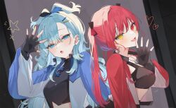  2girls accessories animal_ear_piercing black_gloves black_tube_top blue_eyes blue_hair blue_jacket breasts collarbone commentary earrings fingerless_gloves gloves hair_between_eyes hair_ornament heart heart_earrings heart_necklace heart_pendant heterochromia highres hololive hololive_indonesia houshou_marine iii_(hololive) jacket jewelry kobo_kanaeru large_breasts long_hair long_sleeves looking_at_viewer medium_breasts multicolored_clothes multicolored_jacket multiple_girls necklace open_clothes open_jacket open_mouth outside_border red_hair red_jacket silver_earrings star_(symbol) stomach strapless symbol-only_commentary tongue tube_top two-tone_jacket uo_illust upper_body virtual_youtuber waving wavy_hair white_jacket 