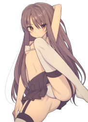  1girl arm_up black_skirt bra breasts brown_hair cameltoe cleft_of_venus closed_mouth collarbone commentary covered_erect_nipples dot_mouth dot_nose everyntrge garter_belt garter_straps gluteal_fold groin hair_between_eyes leg_up light_blush long_hair looking_at_viewer navel orange_eyes original paid_reward_available panties perky_breasts pleated_skirt sidelocks simple_background skirt small_breasts solo thighhighs underwear very_long_hair white_background white_bra white_panties white_thighhighs  rating:Questionable score:32 user:danbooru