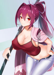 1girl bad_id bad_pixiv_id belt blush breasts butt_crack camisole cleavage closed_mouth collarbone commentary_request cowboy_shot hair_between_eyes hair_intakes hair_ribbon hand_on_own_hip highres holding holding_sword holding_weapon jacket jacket_on_shoulders katana large_breasts leaning_forward long_hair looking_at_viewer midriff navel pants ponytail purple_hair red_eyes ribbon simple_background slit_pupils smile solo standing sword under_night_in-birth valthazeryus very_long_hair weapon yuzuriha_(under_night_in-birth) rating:Sensitive score:20 user:danbooru