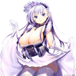  1girl :o absurdres azur_lane belfast_(azur_lane) breasts chain chi_guang cleavage clothes_lift collar curvy female_focus gloves hair_ornament highres large_breasts long_skirt looking_at_viewer maid maid_headdress purple_eyes silver_hair simple_background skirt skirt_lift solo standing thighhighs thighs white_background white_gloves white_thighhighs 