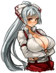  1girl alternate_breast_size alternate_hairstyle blush breast_hold breasts cleavage female_focus fujiwara_no_mokou large_breasts long_hair looking_at_viewer ponytail pout red_eyes sachito silver_hair simple_background sketch solo touhou upper_body very_long_hair white_background  rating:Questionable score:35 user:animefan11