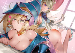  2girls absurdres ass bare_shoulders blonde_hair blue_eyes blue_leotard breasts cleavage clenched_teeth commentary commission dark_magician_girl drooling duel_monster facial_mark fairy_wings feet_up glass_slipper gloves green_eyes hat heart highres indoors jewelry large_breasts leotard long_hair looking_at_another lying multiple_girls neck_ring on_stomach pixiv_commission raised_eyebrows ro_g_(oowack) saliva shoe_dangle slap_mark smile smirk spanked spanking sparkle teeth trembling trickstar_holly_angel wedgie white_gloves window wings wizard_hat yu-gi-oh! yuri  rating:Questionable score:246 user:danbooru