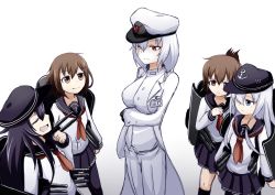  5girls akatsuki_(kancolle) arm_grab black_hair blue_eyes breasts brown_eyes brown_hair crossed_out closed_eyes female_abyssal_admiral_(kancolle) female_admiral_(kancolle) hat hibiki_(kancolle) ikazuchi_(kancolle) inazuma_(kancolle) kantai_collection large_breasts long_hair military_hat multiple_girls ogawa_shou open_mouth red_eyes scar school_uniform serafuku short_hair silver_hair small_breasts smile standing turret white_background 