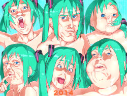  1girl 2014 blue_background blue_eyes blue_hair closed_mouth collarbone commentary_request cross-eyed expressions finger_to_mouth hair_between_eyes hair_ornament hatsune_miku highres lips long_bangs looking_at_viewer man_face open_mouth otoi_rekomaru parody_request sidelocks teeth twintails upper_body upper_teeth_only vocaloid 
