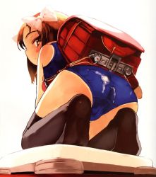 1girl all_fours ass backpack bag black_thighhighs blush brown_eyes brown_hair cameltoe cum cum_on_body cum_on_clothes cum_on_upper_body female_focus from_behind from_below full_body hair_ribbon huge_ass kneeling loli looking_at_viewer looking_back one-piece_swimsuit randoseru ribbon sasahara_yuuki school_swimsuit solo source_request swimsuit thighhighs weighing_scale wii_fit_balance_board rating:Explicit score:159 user:jubliard