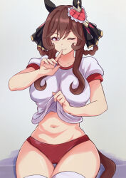  1girl absurdres aki_(mmtghdak) animal_ears braided_hair_rings breasts brown_hair buruma clothes_lift commentary_request ear_covers ear_ornament finger_to_mouth gentildonna_(umamusume) highres horse_ears horse_girl horse_tail large_breasts lifted_by_self looking_at_viewer midriff navel one_eye_closed puffy_short_sleeves puffy_sleeves red_buruma red_eyes shirt shirt_lift short_sleeves simple_background sitting smile solo tail thigh_gap thighhighs umamusume white_shirt white_thighhighs 