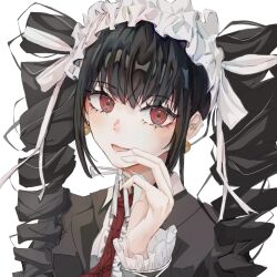  1girl black_jacket black_thighhighs celestia_ludenberg danganronpa:_trigger_happy_havoc danganronpa_(series) earrings hand_up headdress highres jacket jewelry long_sleeves necktie nekoda_dangao open_clothes open_jacket open_mouth portrait print_necktie red_eyes red_necktie simple_background solo thighhighs white_background 