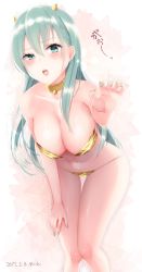  10s 1girl 2017 animal_print aqua_eyes aqua_hair bikini blush breasts choker claw_pose cleavage collarbone cowboy_shot dated earrings green_eyes green_hair hair_ornament hair_over_shoulder hairclip hand_on_leg hand_on_own_thigh hanging_breasts highres hoop_earrings horns jewelry kantai_collection knees_together_feet_apart large_breasts leaning_forward long_hair looking_at_viewer nail_polish navel off_shoulder oni_horns open_mouth sakiryo_kanna skindentation solo suzuya_(kancolle) swimsuit thighs tiger_print tongue tongue_out translated wide_hips  rating:Sensitive score:30 user:danbooru