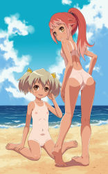  2girls ass bar_censor barefoot beach breasts censored cloud feet flat_chest highres kt loli long_hair looking_at_viewer looking_back matsuo_bashou_(sengoku_collection) multiple_girls navel nipples nude open_mouth ponytail pussy sengoku_collection shadow shiny_skin short_twintails sitting sky small_breasts soles standing tan tanline toes toyotomi_hideyoshi_(sengoku_collection) twintails wariza water 