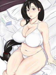 1990s_(style) 1girl arm_support bed belly black_hair blush bra breasts cleavage curvy covered_erect_nipples female_focus final_fantasy final_fantasy_vii highres huge_breasts indoors large_breasts lingerie lips sagging_breasts long_hair muffin_top navel panties pillow plump ponytail red_eyes sitting solo thick_thighs thighs tifa_lockhart tissue toshi_aki underwear white_bra white_panties rating:Questionable score:125 user:SevenForce