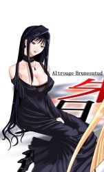  1girl altrouge_brunestud arms_between_legs artist_request bare_shoulders black_footwear black_hair breasts character_name choker cleavage dress earrings goth_fashion head_tilt jewelry lace lace_choker large_breasts long_dress long_hair necklace pale_skin red_eyes simple_background sitting solo tsukihime type-moon white_background  rating:Sensitive score:7 user:freeAdvertising4U