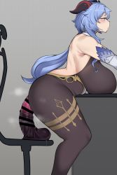  1girl alternate_breast_size armpits ass backless_outfit bare_shoulders bell belly_rest black_bodysuit blue_hair blush bodice bodysuit breast_rest breasts breasts_on_table censored chair chamchami cowbell curvy desk detached_sleeves dildo dildo_reveal dildo_riding facing_to_the_side female_masturbation ganyu_(genshin_impact) genshin_impact goat_horns half-closed_eyes highres horns horse_dildo huge_breasts huge_dildo long_hair lying masturbation office_chair on_desk on_stomach on_table plump purple_eyes pussy_juice pussy_juice_trail raised_eyebrows sex_toy solo squatting swivel_chair table thick_eyebrows thick_thighs thighs vaginal 