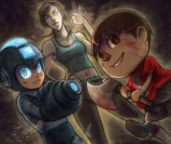 1girl 2boys android animal_crossing axe bad_deviantart_id bad_id blood capcom capri_pants clenched_hand clothes_writing colored_skin glowing glowing_eyes lauren_ashley long_hair mega_man_(character) mega_man_(classic) mega_man_(series) midriff multiple_boys nintendo pants ponytail smile super_smash_bros. tank_top villager_(animal_crossing) weapon white_skin wii_fit wii_fit_trainer wii_fit_trainer_(female) rating:Sensitive score:25 user:danbooru