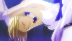  1girl animated animated_gif armpits artoria_pendragon_(fate) blonde_hair choker collar dress elbow_gloves closed_eyes fate/stay_night fate_(series) gloves hair_ribbon moaning ribbon saber_(fate) sexually_suggestive short_hair solo thighhighs white_dress  rating:Questionable score:44 user:danbooru