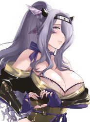  1girl absurdres breasts camilla_(fire_emblem) camilla_(ninja)_(fire_emblem) cleavage fire_emblem fire_emblem_heroes hair_over_one_eye heart heart_hands highres large_breasts long_hair nintendo ponytail purple_eyes purple_hair  rating:Sensitive score:13 user:YuukoLover