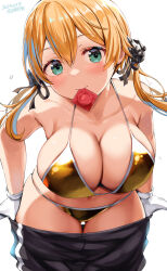  1girl 2024 anchor_hair_ornament aqua_eyes artist_name bare_shoulders belko bikini blonde_hair blush breasts cleavage closed_mouth collarbone condom condom_wrapper dated female_focus gloves hair_between_eyes hair_ornament highres kantai_collection large_breasts long_hair looking_at_viewer mouth_hold navel prinz_eugen_(kancolle) simple_background smile solo swimsuit twitter_username undressing white_background white_gloves yellow_bikini 
