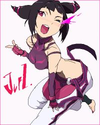  1girl ;d black_hair border capcom character_name chinese_clothes drill_hair dudou fingerless_gloves gloves halterneck han_juri kon_(kdash) leaning_forward lowres oekaki one_eye_closed open_mouth pixel_art pointing purple_eyes red_border simple_background smile solo street_fighter street_fighter_iv_(series) text_focus toeless_legwear twin_drills white_background wink  rating:Sensitive score:35 user:danbooru