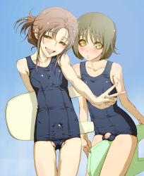  2boys :d between_legs blush breasts brown_hair bulge censored cowboy_shot day erection erection_under_clothes folded_ponytail foreskin gradient_background half-closed_eyes highres holding kickboard light_green_hair mole mole_on_breast mosaic_censoring multiple_boys one-piece_swimsuit open_mouth original outdoors parted_bangs parted_lips penis penis_out school_swimsuit short_hair sky small_breasts small_penis smile swimsuit tekuteku_(yuuhodou) testicles trap v yellow_eyes 
