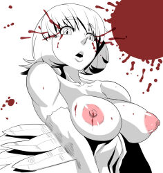  1girl bare_shoulders blood blood_on_breasts blood_splatter bloody_tears breasts collarbone futaba_channel harpy large_breasts lips medium_hair monochrome monster_girl nijiura_maids nipples nude open_mouth solo sorahachi_midoro spot_color yabai 