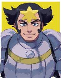  1boy armor black_hair border breastplate closed_mouth commentary_request creatures_(company) elizabeth_(tomas21) eyelashes game_freak grey_eyes looking_at_viewer male_focus nintendo pokemon pokemon_xy shoulder_armor sideburns smile solo upper_body white_border wikstrom_(pokemon) yellow_background 