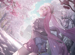  1girl arl arms_behind_back bag beret blush building cherry_blossoms cherry_hair_ornament city cowboy_shot day dutch_angle food-themed_hair_ornament hair_ornament hat hatsune_miku holding holding_bag jacket jacket_on_shoulders long_hair long_sleeves looking_back miniskirt outdoors pantyhose petals pink_eyes pink_hair pink_jacket pink_skirt plaid pleated_skirt sakura_miku shirt skirt sky smile solo tree twintails very_long_hair vocaloid white_shirt 