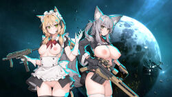  2girls animal_ear_fluff animal_ears asteroid black_gloves blonde_hair blush breasts breasts_out character_request cleft_of_venus commentary_request corset functionally_nude gloves gun highleg highres holding holding_gun holding_weapon large_breasts looking_at_viewer maid maid_headdress medium_breasts multiple_girls navel nipples planet pussy revealing_clothes rifle rimworld shrug_(clothing) skindentation skirt sniper_rifle space space_station spacecraft stmast submachine_gun tail thighhighs unconventional_maid weapon white_gloves white_thighhighs wolf_ears wolf_girl wolf_tail  rating:Explicit score:17 user:danbooru
