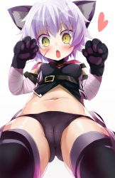1girl animal_ears animal_hands bandaged_arm bandages bare_shoulders black_panties black_thighhighs blush cameltoe cat_ears cat_paws cleft_of_venus fang fate/grand_order fate_(series) gloves heart highres jack_the_ripper_(fate/apocrypha) loli looking_at_viewer navel open_mouth panties scar scratches shimejinameko shiny_skin short_hair simple_background solo stitches tattoo thighhighs underwear white_background white_hair yellow_eyes rating:Questionable score:46 user:aerd