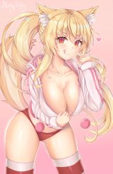 1girl animal_ear_fluff animal_ears blonde_hair borrowed_character breasts buruma cat_ears cleavage collarbone commentary english_commentary hair_between_eyes heart highres jacket kaptivate large_breasts long_hair looking_at_viewer original panties pink_background red_eyes red_panties simple_background slit_pupils smile solo standing striped tail thighhighs tiffy_(nottytiffy) tongue tongue_out underwear very_long_hair rating:Sensitive score:60 user:danbooru