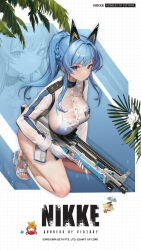 1girl anchor_print bikini bikini_under_clothes blue_bikini blue_eyes blue_hair braid breasts closed_mouth copyright_name gloves goddess_of_victory:_nikke grid_background gun helm_(aqua_marine)_(nikke) helm_(nikke) high_heels high_ponytail highres holding holding_gun holding_weapon jacket kkuem kneeling large_breasts long_hair long_sleeves looking_at_viewer official_art palm_leaf see-through shirt swimsuit thighs weapon wet wet_clothes wet_jacket white_footwear white_gloves white_jacket zoom_layer