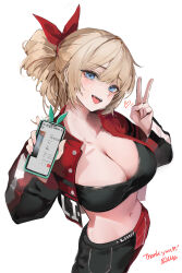  1girl absurdres bandeau black_bandeau black_jacket black_pants blonde_hair blue_eyes breasts cellphone character_name cleavage commentary crop_top cropped_jacket english_commentary hair_ribbon heart highres holding holding_phone jacket large_breasts lillly lillly_(character) long_hair multicolored_clothes multicolored_jacket navel open_mouth original pants phone red_jacket red_pants red_ribbon ribbon signature smartphone solo split-color_clothes teeth thank_you two-tone_pants upper_teeth_only v white_jacket 
