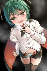  1girl antennae black_cape black_shorts black_thighhighs blue_panties blush cape collared_shirt feet_out_of_frame green_eyes green_hair heart heart-shaped_pupils highres long_sleeves looking_at_viewer open_mouth panties red_cape shirt short_hair shorts smile solo symbol-shaped_pupils thighhighs touhou underwear unzipped white_shirt wriggle_nightbug yudepii 